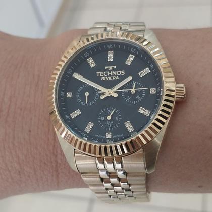 Imagem de Relogio Technos feminino Riviera dourado preto multifunção cravejado com pedrinhas strass moderno sofisticado 6P79BW/1P