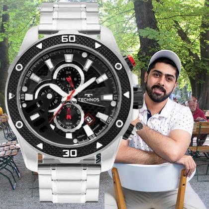 Imagem de Relógio Technos Masculino Analógico Performance TS Carbon Quartz Redondo Robusto Cronógrafo Prova Dágua 10 ATM Casual Prata JS15FR/1P