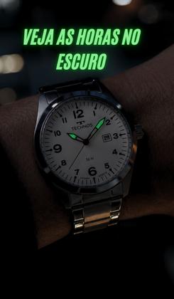 Imagem de Relógio Technos Masculino Analógico Quartz Esportivo Casual De Pulso Prata Mostrador Branco Com Efeito Fosforescente A Prova Dágua 50 Metros Original