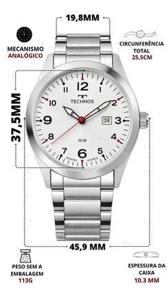Imagem de Relógio Technos Masculino Analógico Quartz Esportivo Casual De Pulso Prata Mostrador Branco Com Efeito Fosforescente A Prova Dágua 50 Metros Original