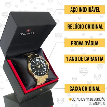Imagem de Relógio Technos Masculino Dourado Preto Prova d'água com garantia de 1 ano com carteira