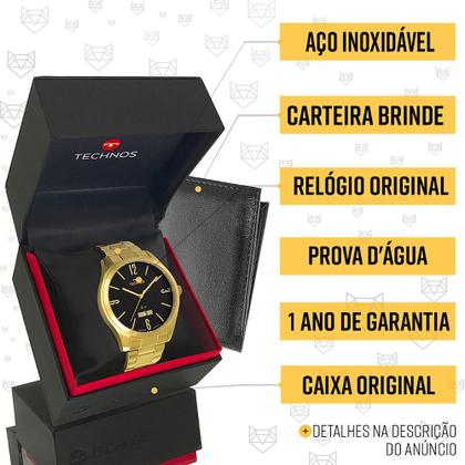 Imagem de Relógio Technos Masculino Dourado Preto Prova d'água com garantia de 1 ano com carteira