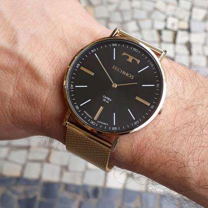 Imagem de Relogio Technos Masculino dourado slim vidro de safira antirisco banhado folheado fino executivo luxo 2025LTJS/4P