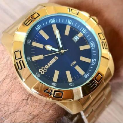 Relogio Xgames Masculino dourado fundo azul aço inox grande caixa