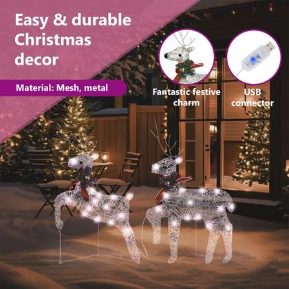 Imagem de Rena de Natal brilhante de 2 peças vidaXL, luzes LED brancas quentes, 8 modos de iluminação, resistente às intempéries para decoração de jardins de férias em ambientes externos e internos, com decoração removível no pescoço