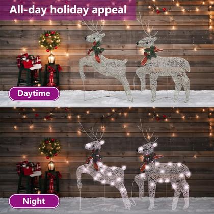 Imagem de Rena de Natal brilhante de 2 peças vidaXL, luzes LED brancas quentes, 8 modos de iluminação, resistente às intempéries para decoração de jardins de férias em ambientes externos e internos, com decoração removível no pescoço