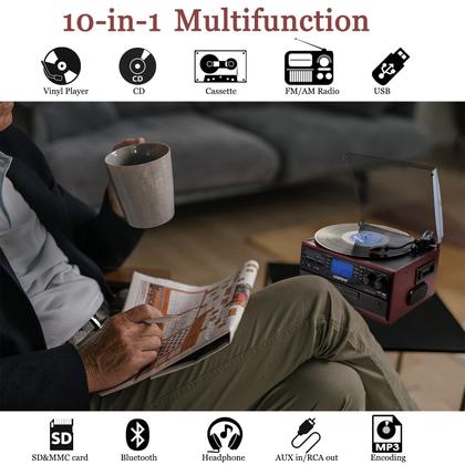 Imagem de Reprodutor de Discos de Vinil LoopTone 10 em 1 com Bluetooth - Design Vintage