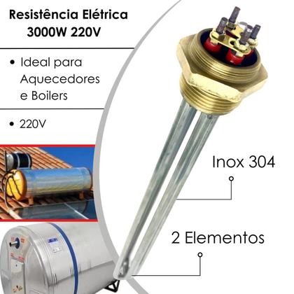 Imagem de Resistência Elétrica Para Boiler Aquecedor Solar 3000w 220V Com 2 Elementos Rosca 1.1/4 Polegadas