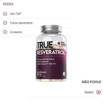 Imagem de Resveratrol 450mg Antioxidante Vegano 30 Capsulas True Source