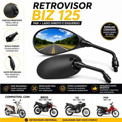 Imagem de Retrovisor Moto Biz 125 Par Espelho Convexo Honda CG Bros Pop Rosca 10mm