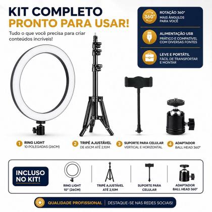 Imagem de Ring Light 10 Polegadas Com Tripé 2,10m Suporte Celular LED 3 Tons De Luz Ajustável
