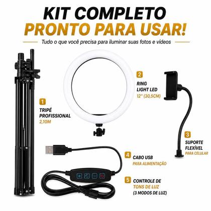 Imagem de Ring Light LED 12 Polegadas Com Tripé 2,10m e Suporte Celular