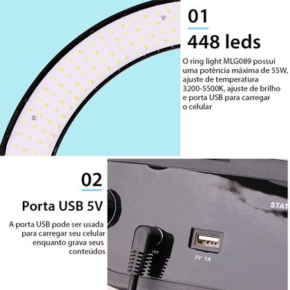 Imagem de Ring Light Led 55w Tomate 45cm Com Dimmer E Controle + Tripé 1.80m