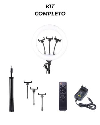 Imagem de Ring Light Profissional 14” com Tripé 2,10m  Suporte 3 Celulares  Luz LED Regulável USB