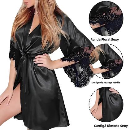 Imagem de Robe De Noite Em Renda Floral De Cetim Sedoso Com G String Sem Mangas Para Mulheres, Pijamas Sexy