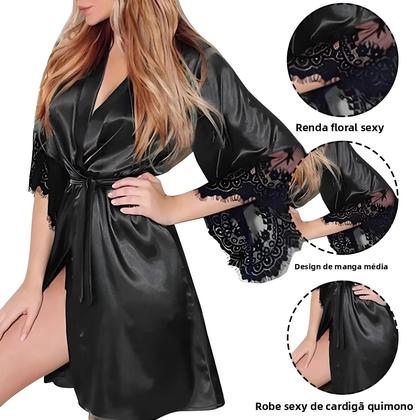 Imagem de Robe De Noite Em Renda Floral De Cetim Sedoso Com G String Sem Mangas Para Mulheres, Pijamas Sexy