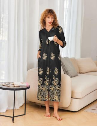 Imagem de Robe Ekouaer feminino com zíper, mangas 3/4, comprimento total, preto