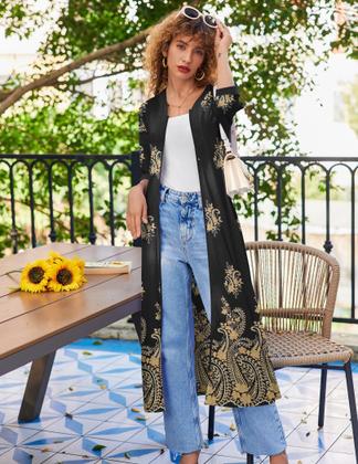 Imagem de Robe Ekouaer feminino com zíper, mangas 3/4, comprimento total, preto