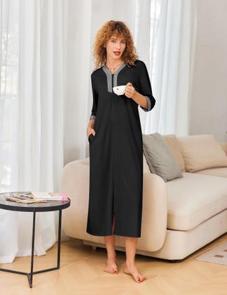 Imagem de Robe Ekouaer feminino com zíper, mangas 3/4, comprimento total, preto