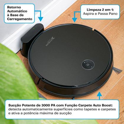 Imagem de Robô Aspirador e Passa Pano KABUM! smart 550 - 3000Pa, Até 100min Bateria, Monitoramento em Tempo Real, Alexa/Google, Bivolt, Preto - KSAR550PT