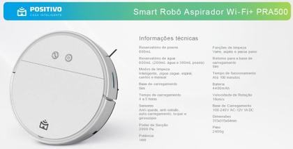 Imagem de Robô Aspirador Positivo PRA500 WiFi Varre Aspira e Passa Pano Bivolt Branco Acompanha Reservatório de Água