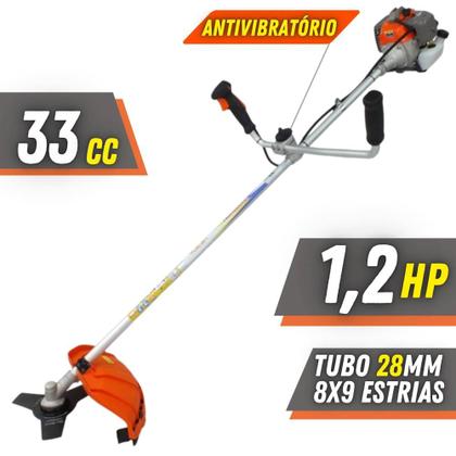 Imagem de Roçadeira À Gasolina Vulcan VR330P 33cc 1,2HP 10000rpm Com Guidão Antivibração 8 Opções de Cortes Com Facas 2 Pontas, 3 Pontas, 6 Pontas, 40 Dentes, 80 Dentes, Trimmer, Escova e Carretel + ÓLEO TOYAMA