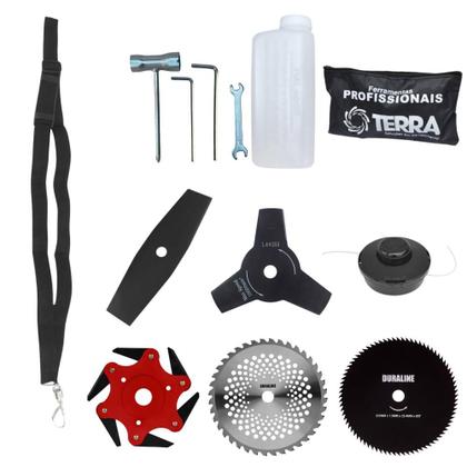Imagem de Roçadeira Lateral Terra GRHB430 Bi-Partida À Gasolina 43cc 1,7HP Alta Potência 6 Em 1 Com Carretel Nylon e Faca 2 Pontas + Kit Faca 3 Pontas, 6 Pontas, Lâmina 40 Dentes de Vídea e Lâmina 80 Dentes