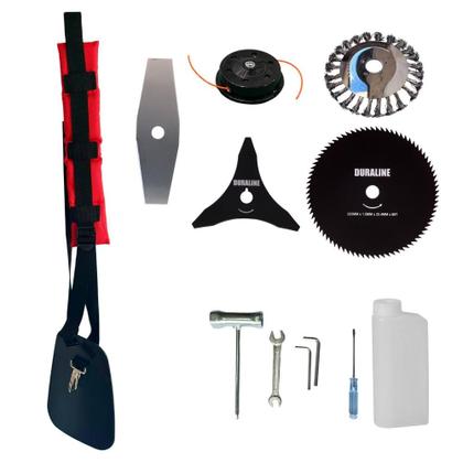 Imagem de Roçadeira Multifunções À Gasolina Kawashima BCJ521L 2T 52cc 2,5HP Alta Rotação e Potência Com Carretel de Nylon e Lâmina Facão + Kit Extra Lâmina 3 Pontas, Lâmina 80 Dentes e Escova de Aço Circular
