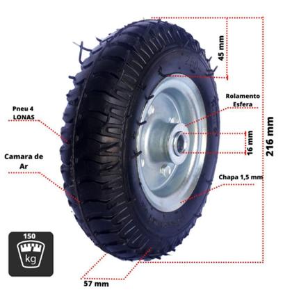Imagem de Roda Pneu 250-4 Carrinho De Carga 4 Lonas 5/8 Rol.esfera