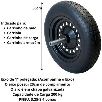 Imagem de Roda Rodinha Carrinho Mão Carriola Carga 3.25-8 Completa + Eixo 1pol 200kg