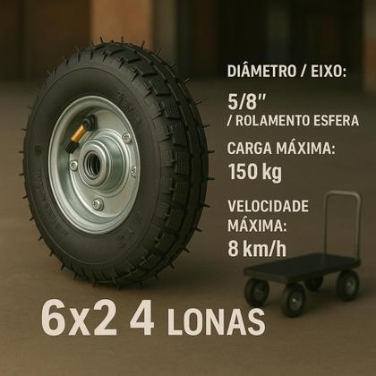 Imagem de Roda Rodinha Pneumática Para Carrinho 6x2 150kg Eixo 5/8 Rolamento Esfera