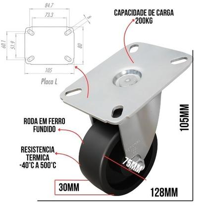 Imagem de Rodízio Giratório 3 Pol Roda em Ferro Fundido - 200Kg - Schioppa