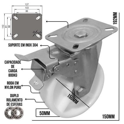 Imagem de Rodizio industrial aço Inox giratório 6x2 pol. placa freio GMPIF.62NY.E
