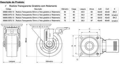 Imagem de Rodizio Rg 75mm C/ Rolamento Incolor Cromado S/ Freio Girat.