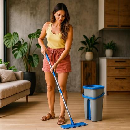 Imagem de Rodo Flat Mop Esfregão Mágico Sortido Balde Duplo Lava Seca Tira Pó Microfibra Lavável Reutilizável Casa Limpeza de Pisos Laminado Faxina Leve