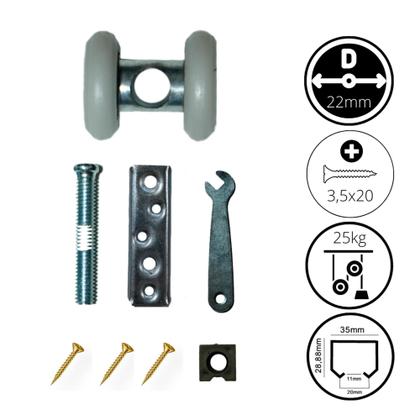 Imagem de Roldana 2 rodas para trilho stanley fênix, 22mm, eixo em ferro, acompanha freio injetado de presente