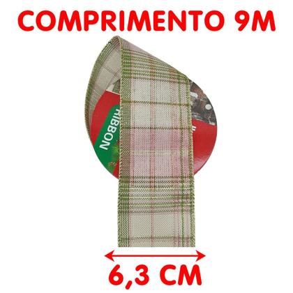 Imagem de Rolos Fita Aramada Decoração Natal Xadrez 6,3cm 9m Kit 6pçs
