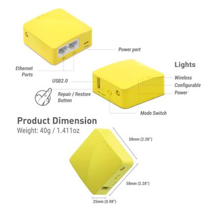 Imagem de Roteador WiFi Portátil GL.iNet GL-MT300N-V2 (Mango) - Mini Travel com 2 Portas Ethernet e USB 2.0