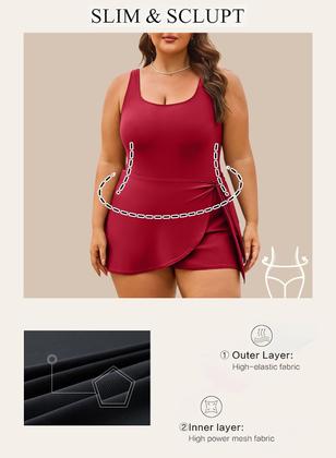 Imagem de Roupa de banho Aleumdr One Piece para mulheres, saia para controle de barriga, roupa de banho, vestido de banho emagrecedor, roupa de banho Warp, cor de vinho, 4X