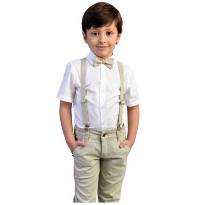 Imagem de Roupa de Bebe Menino Batismo - Casamento - Festa Camisa Branca Calça Bege e Kit Suspensório 