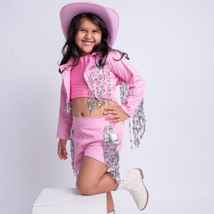 Imagem de Roupa de Boiadeira Rosa Com Strass Menina 3 Peças Castela