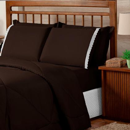 Imagem de Roupa de Cama Casal Queen com Lençol Dupla Face Elástico 6 Peças Colcha Cobre Leito Premium Completo