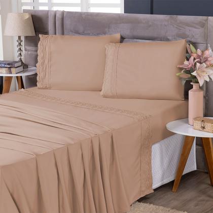 Imagem de Roupa de Cama Jogo De Lençol Casal Padrão 4 Peças 400 Fios Micropercal Bordado Inglês Toque Macio Luxo Premium