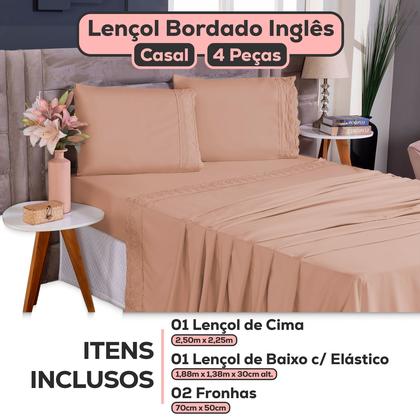 Imagem de Roupa de Cama Jogo De Lençol Casal Padrão 4 Peças 400 Fios Micropercal Bordado Inglês Toque Macio Luxo Premium