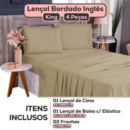 Imagem de Roupa de Cama Jogo De Lençol King Size 4 Peças 400 Fios Micropercal Bordado Inglês Toque Macio Luxo Premium