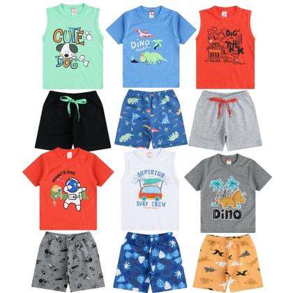 Imagem de Roupa de Verão Infantil Masculina Menino Kit 5 Conjuntos de Camisetas ou Regatas e Bermudas Shorts