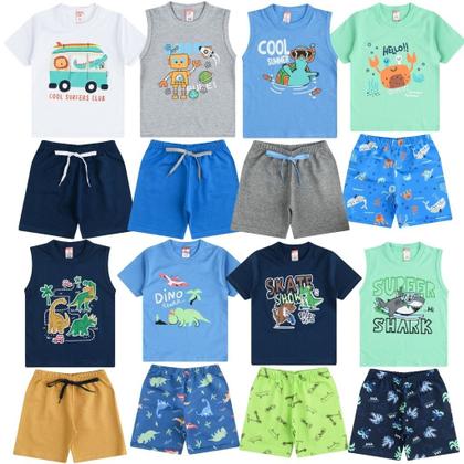 Imagem de Roupa de Verão Infantil Masculina Menino Kit 5 Conjuntos de Camisetas ou Regatas e Bermudas Shorts