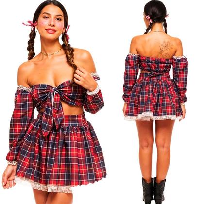 Imagem de Roupa Festa Junina Adulta Feminina Conjunto Xadrez Cropped e Saia Quadrilha São Joao Quermesse
