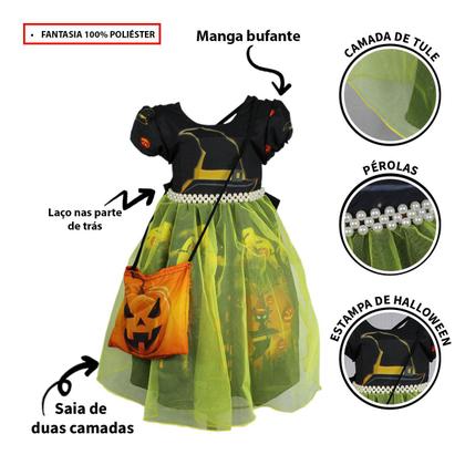 Imagem de Roupa Halloween Bebe Menina Vestido Bruxa Com Bolsa e Tiara