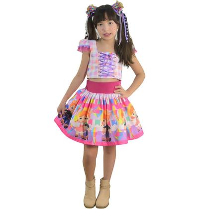 Imagem de Roupa Infantil Junina: Conjunto Cropped e Saia Rosa e Lilás + 2 Laços